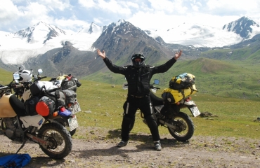 Tien Shan Kirghiz on a motorcycle